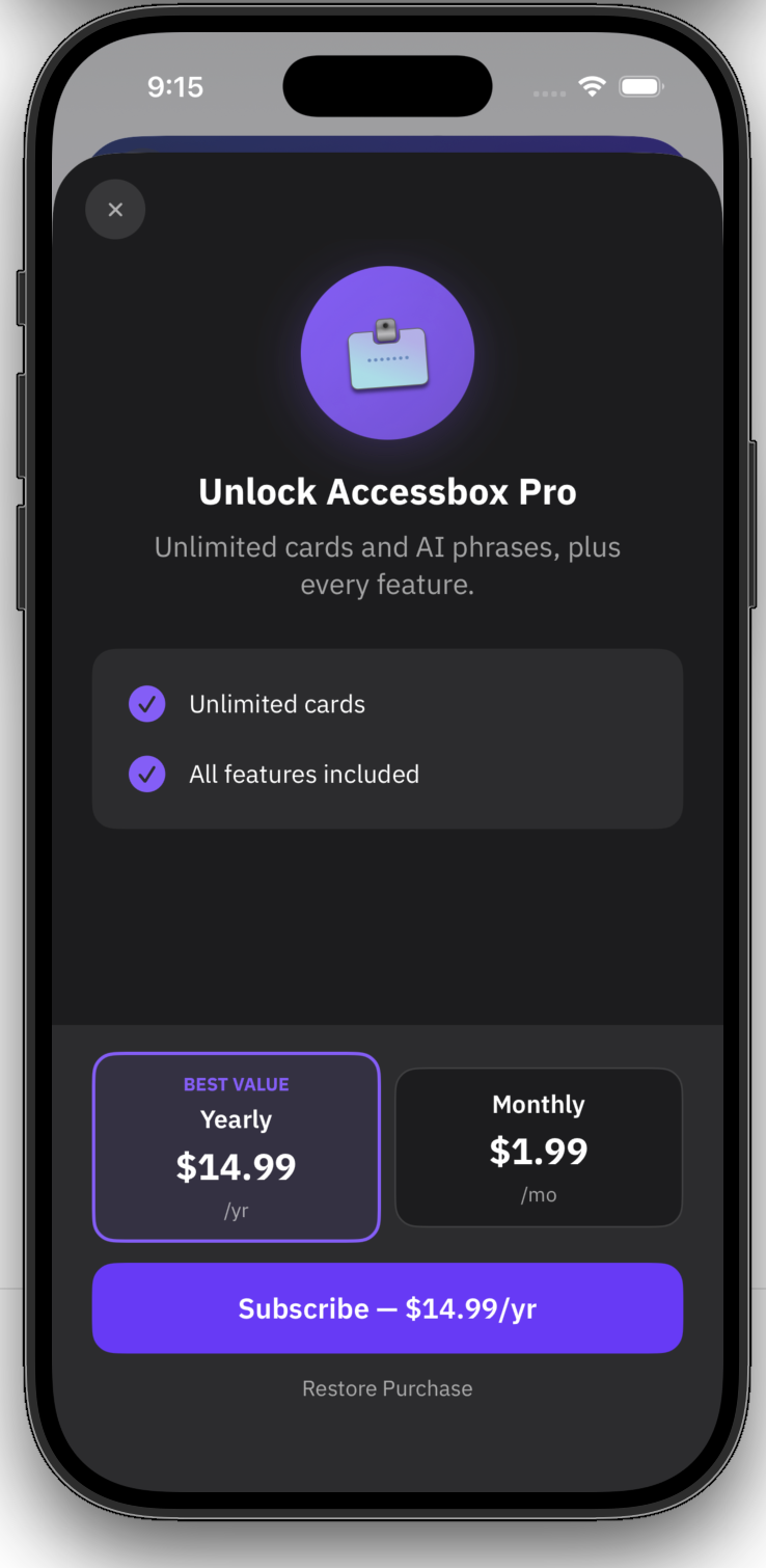 The Unlock Accessbox Pro prompt as shown in the beta, listing Yearly and Monthly options